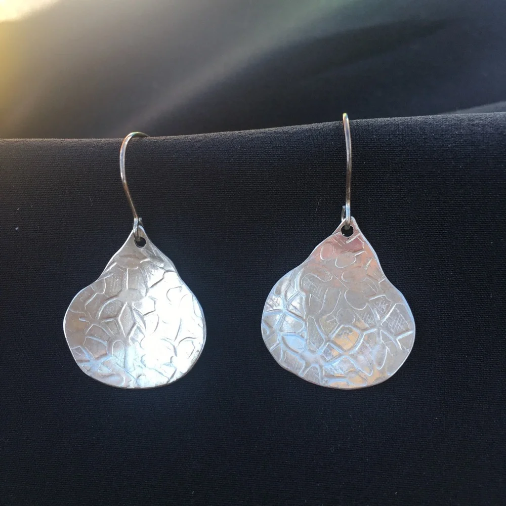 Silver Earrings - Textured Teardrop Dangle with Organic/Abstract Stamped Pattern - Picture 1 of 9